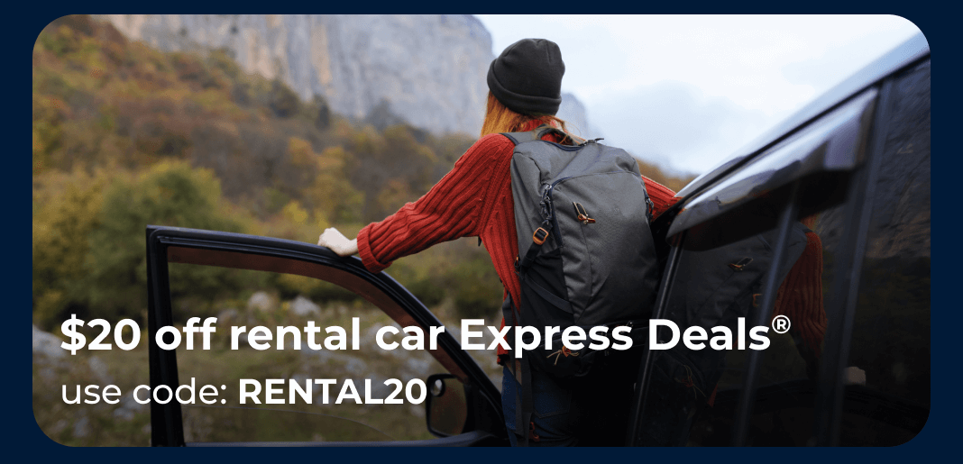 $20 off rental car Express Deals. Code: RENTAL20